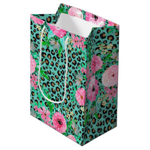 Elegant Mint Leopard Print and Floral Design Medium Gift Bag