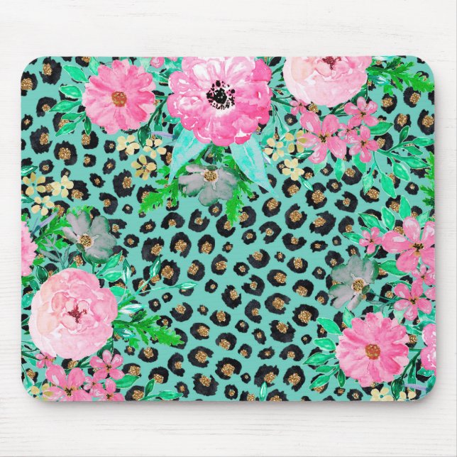 Elegant Mint Leopard Print and Floral Design Mouse Mat (Front)