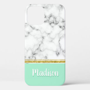 Elegant Mint Marble and Gold Custom Name iPhone 12 Case