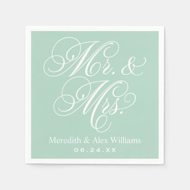 Elegant Mint Mr and Mrs Script Custom Monogram Napkin (Front)