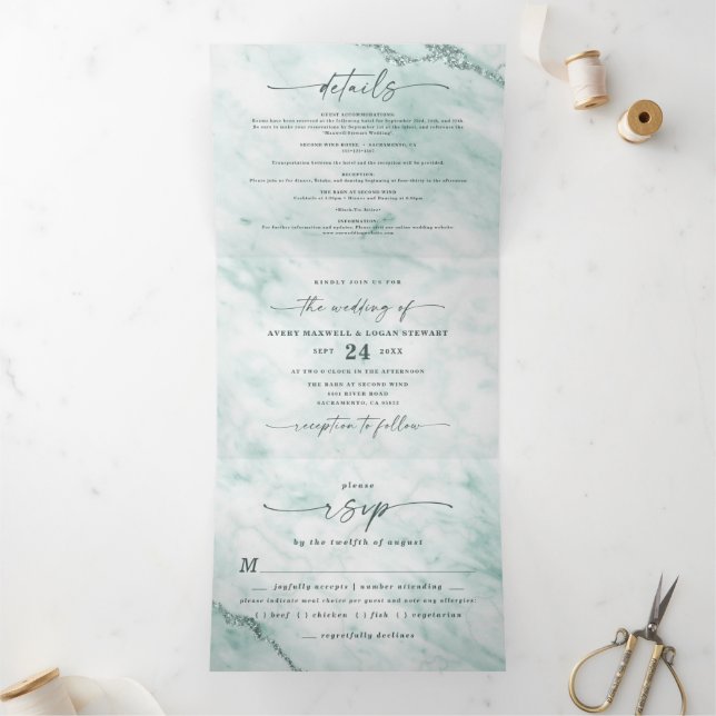 Elegant Mint Pastel Green Metallic Marble Wedding Tri-Fold Invitation (Inside)