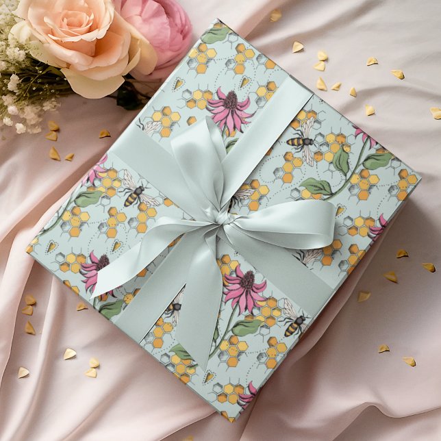 Elegant Mint Queen Bee, Honeycomb & Flowers  Wrapping Paper (Elegant Hand-Drawn Buzzing Queen Bee, Honeycomb & Pink Exotic Flower Gift Wrap for Nature Lovers.)