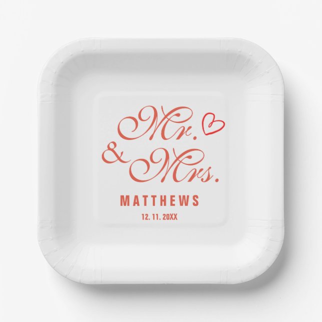 Elegant Mint red Mr and Mrs Wedding Monogram Napk Paper Plate (Front)