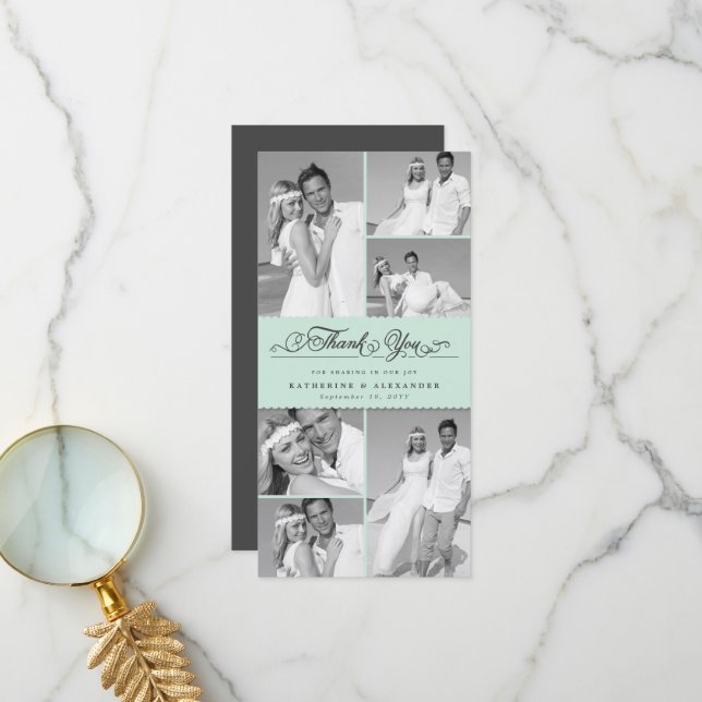 Elegant Mint Scalloped Band 6 Photo Chic Wedding Thank You Card (Front/Back In Situ)