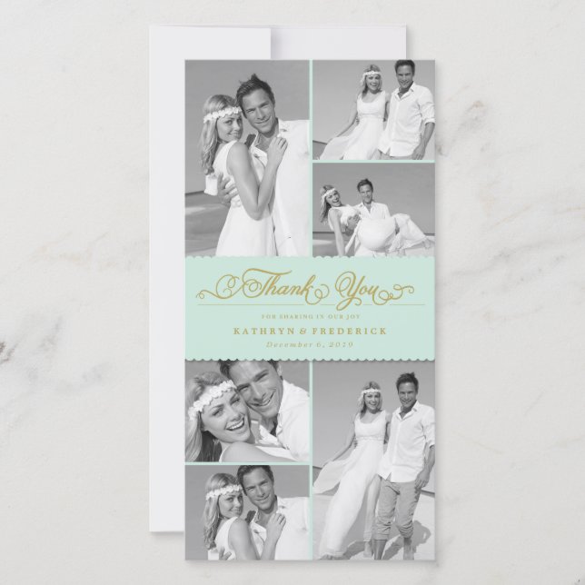 Elegant Mint Scalloped Band 6 Photo Chic Wedding Thank You Card (Front)