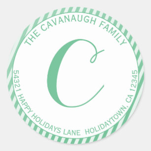 Elegant Mint Silver Foil Stripe Monogram Address Classic Round Sticker