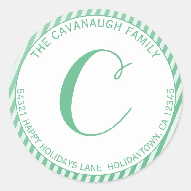 Elegant Mint Silver Foil Stripe Monogram Address Classic Round Sticker (Front)