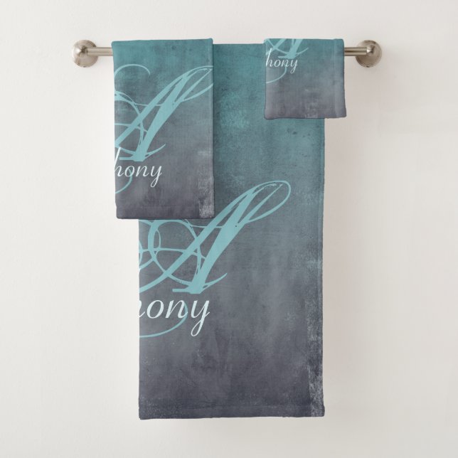 Elegant Mint Teal Grey rustic monogram Bath Towel Set (Insitu)