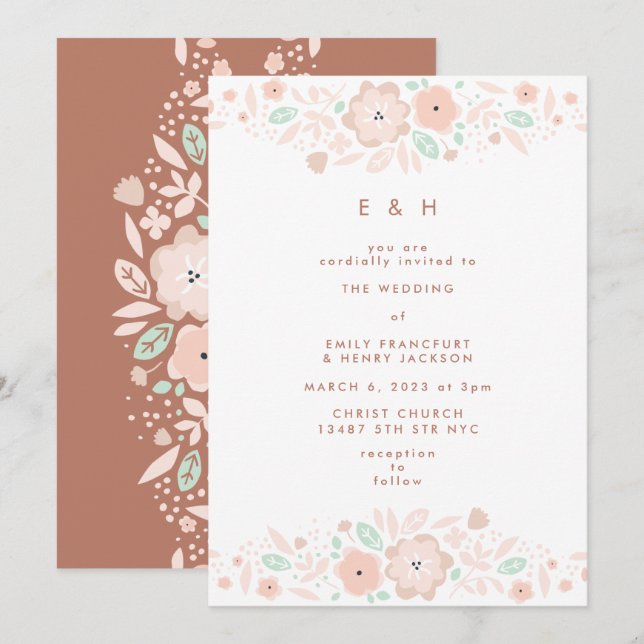 Elegant Mint Terracotta Boho Small Flowers Wedding Invitation (Front/Back)