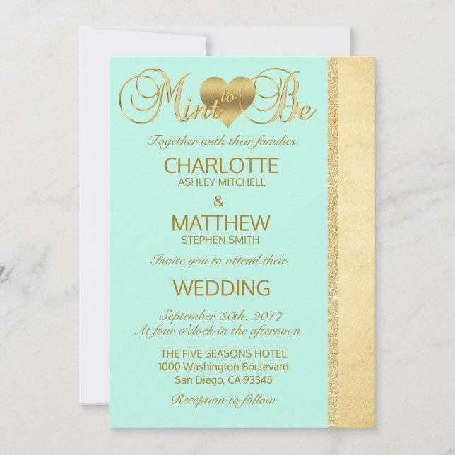 Elegant MINT TO BE Gold Modern Wedding Invitation (Front)