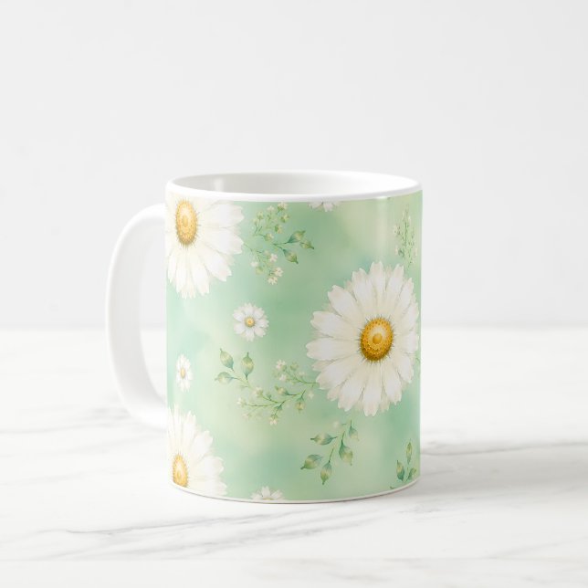 Elegant Mint Watercolor Daisy Coffee Mug (Front Left)