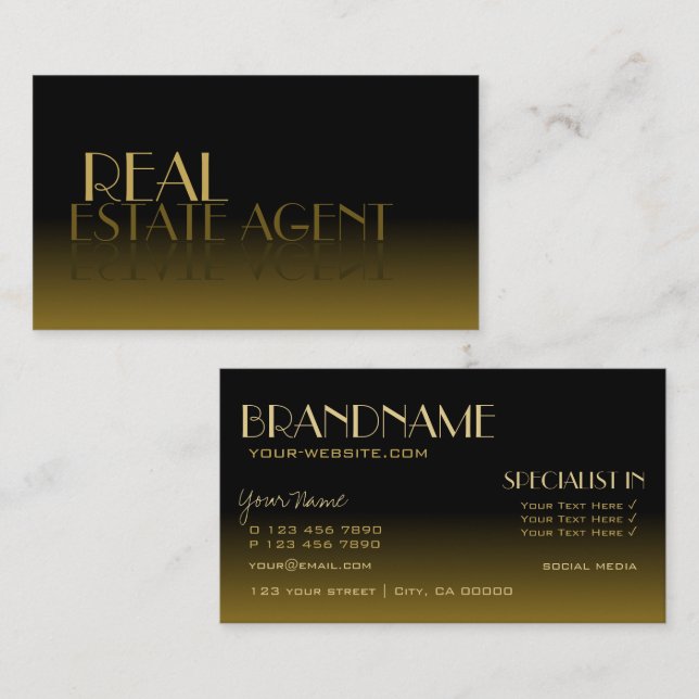 Elegant Mirror Font Classic Black Brown Gradient Business Card (Front/Back)