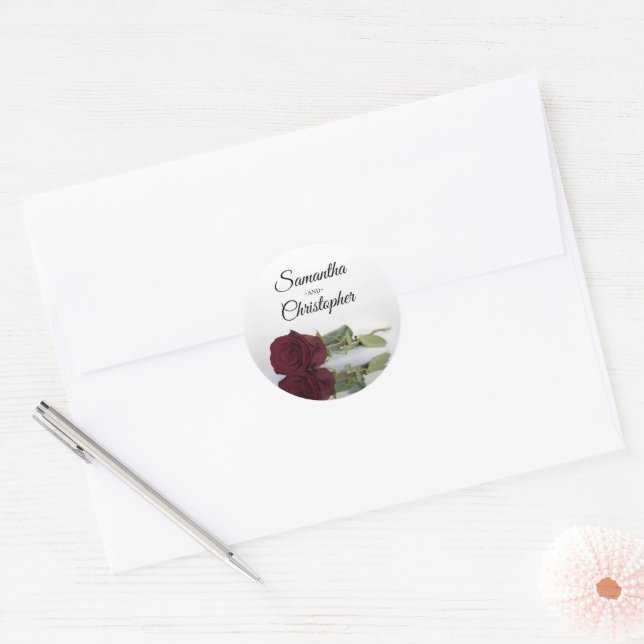 Elegant Mirrored Burgundy Rose Wedding Classic Round Sticker (Envelope)