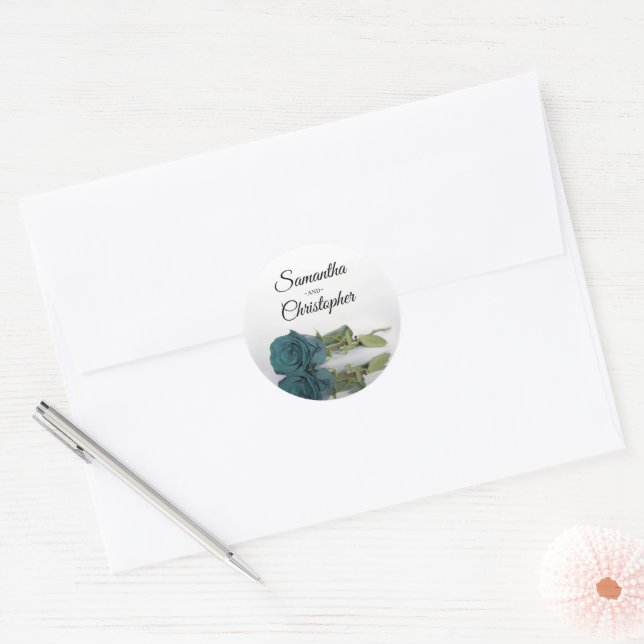 Elegant Mirrored Long Stemmed Teal Rose Wedding Classic Round Sticker (Envelope)