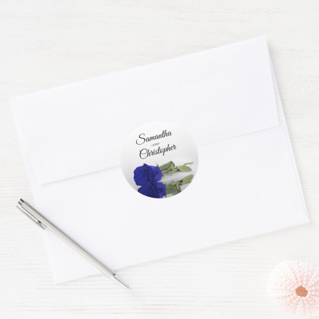 Elegant Mirrored Royal Blue Rose Wedding Classic Round Sticker (Envelope)