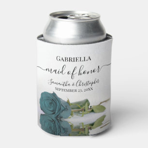 Elegant Mirrored Teal Rose Maid of Honor Wedding Can Cooler