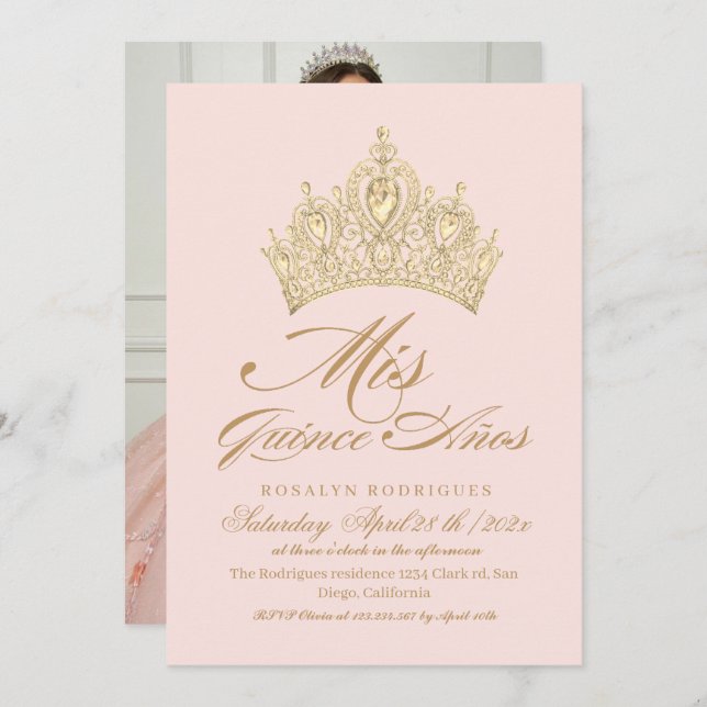 Elegant Mis Quince Anos Pink Gold Photo Invitation (Front/Back)