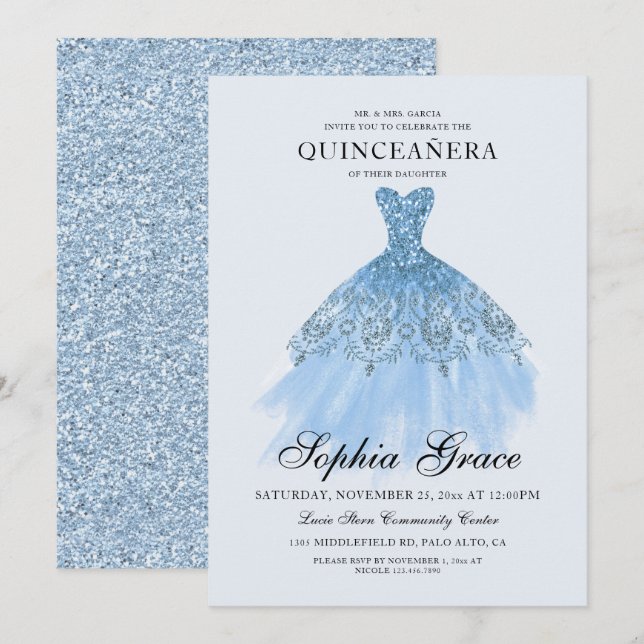 Elegant Mis Quince Blue Glitter Quinceañera  Invitation (Front/Back)