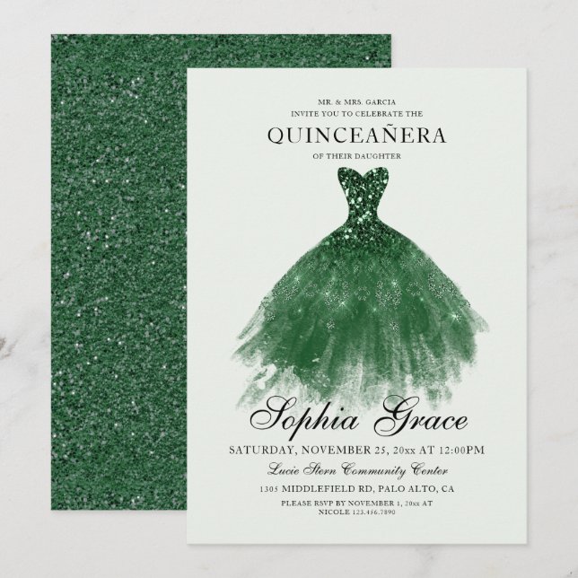 Elegant Mis Quince Green Glitter Quinceañera Invitation (Front/Back)