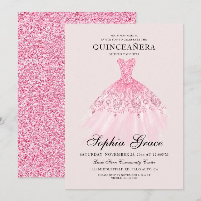 Elegant Mis Quince Pink Glitter Quinceañera Invitation (Front/Back)