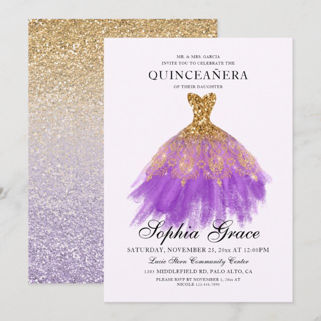 Elegant Mis Quince Purple Gold Glitter Quinceañera Invitation (Front/Back)
