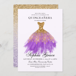Elegant Mis Quince Purple Gold Glitter Quinceañera Invitation