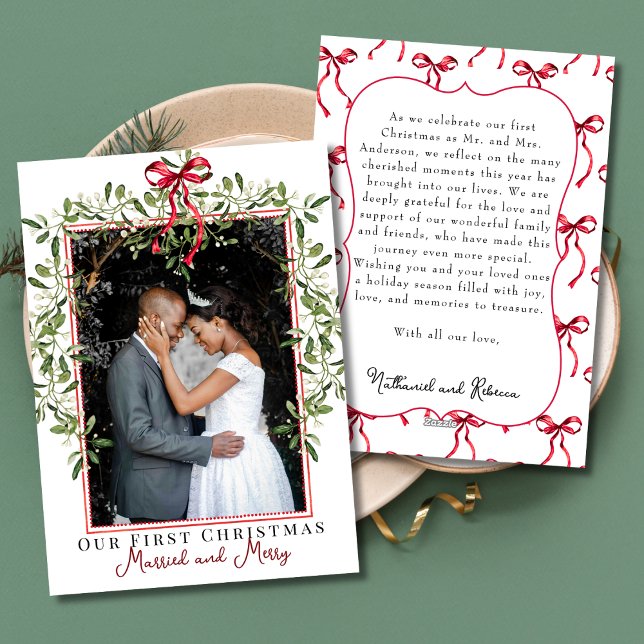 Elegant Mistletoe First Christmas Married Photo Holiday Card (Creator Uploaded)