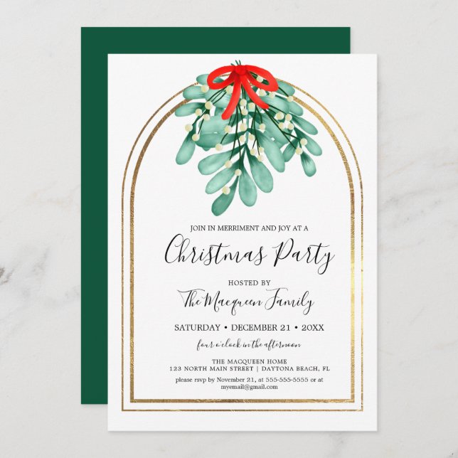 Elegant Mistletoe Gold Arch Frame Christmas Party  Invitation (Front/Back)
