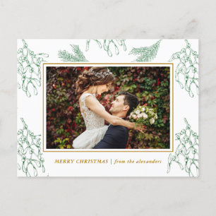 Elegant Mistletoe Green and Gold Photo Christmas Holiday Postcard