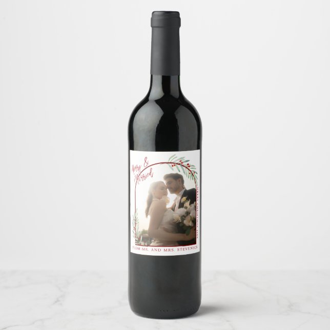 Elegant Mistletoe Newlyweds Photo Christmas Wine Label (Front)