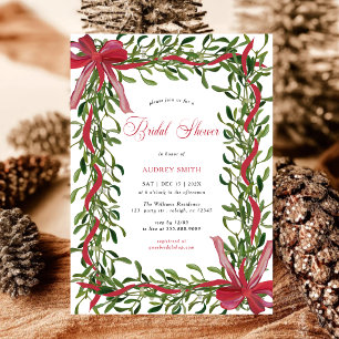 Elegant Mistletoe Red Bow Christmas Bridal Shower Invitation