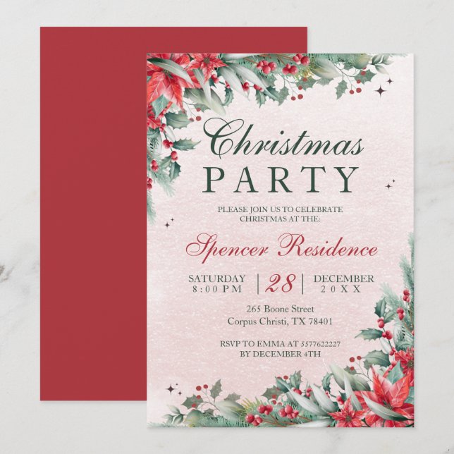 Elegant mistletoe watercolor christmas flower invitation (Front/Back)