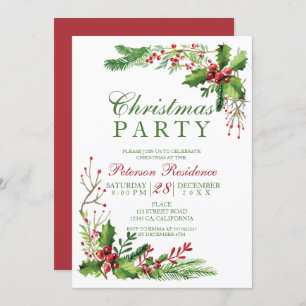 Elegant mistletoe watercolor red green Christmas Invitation