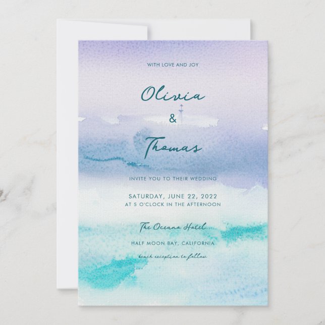 Elegant Misty Ocean Landscape Boat Beach Wedding Invitation (Front)