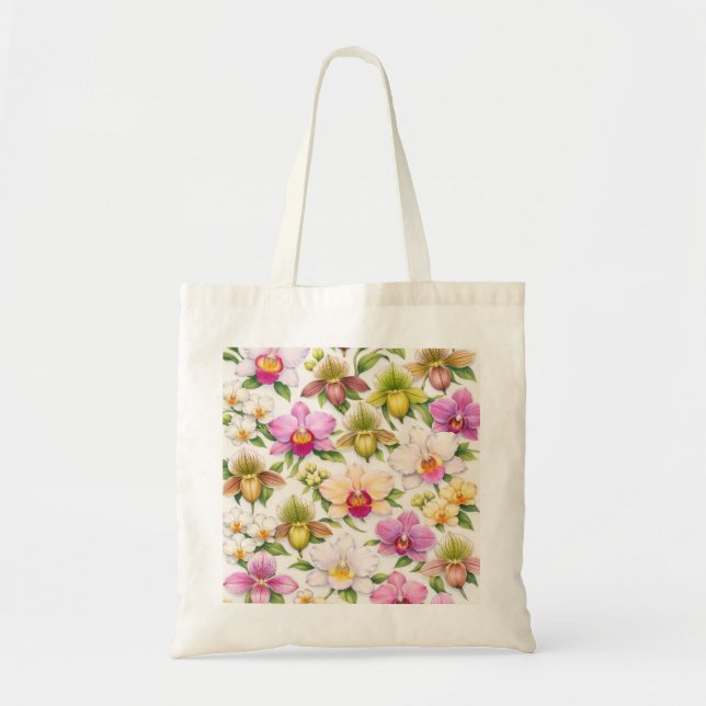Elegant Mixed Orchid Floral Botanical Pattern Tote Bag (Front)