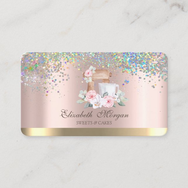 Elegant Mixer Flower Confetti Rose Gold Bakery  Business Card (Front)