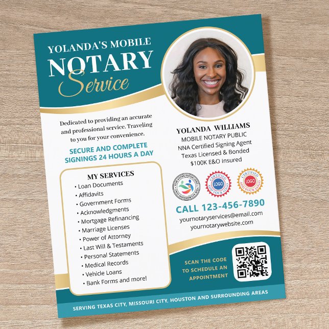 Elegant Mobile Notary Public QR Code Teal Editable Flyer (Creator Uploaded)