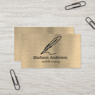 Elegant Mobile Notary Quill Gold Brushed Metal  Business Card