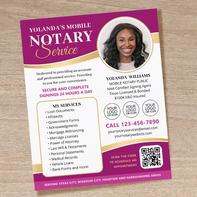 Elegant Mobile Notary Service Logo QR Code Pink Flyer (Creator Uploaded)