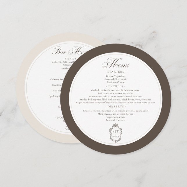 Elegant Mocha and Cream Wedding Round Menu (Front/Back)