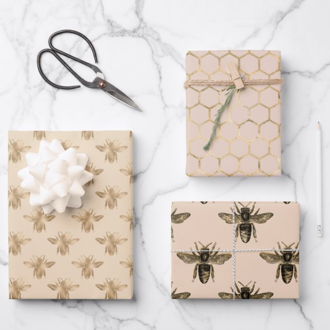 Elegant mocha black and gold bee-themed wrapping paper sheet (Front)