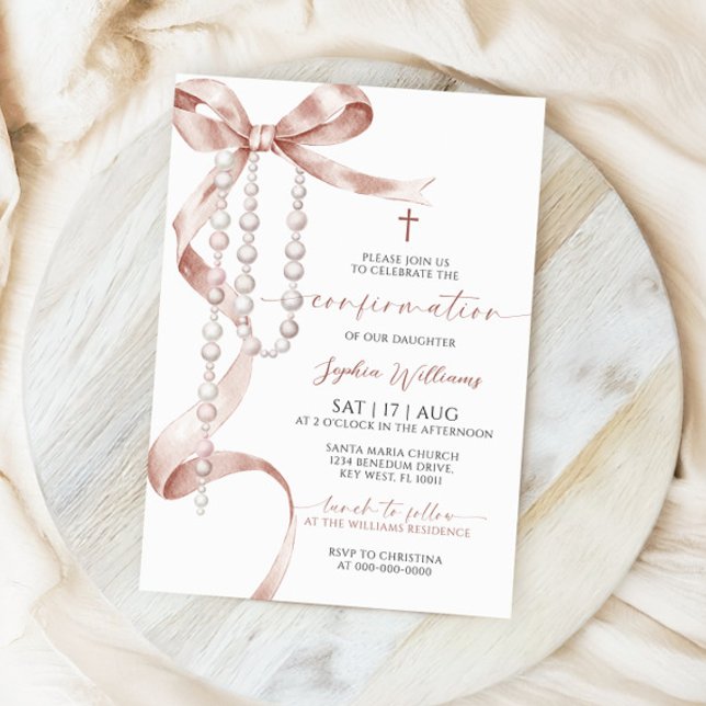 Elegant Mocha Bow & Rosary Confirmation Invitation (Creator Uploaded)