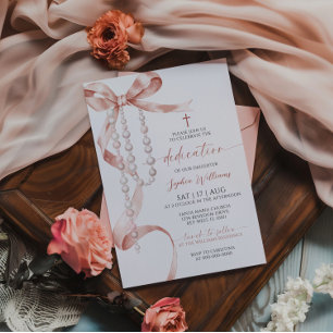 Elegant Mocha Bow & Rosary Dedication Invitation