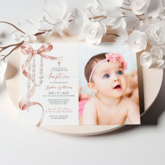 Elegant Mocha Bow & Rosary Photo Baptism Invitation