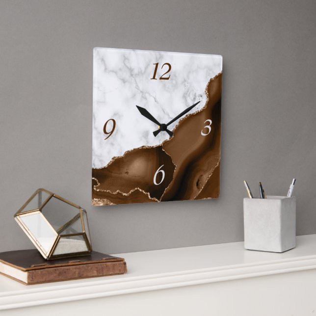 Elegant Mocha Brown Agate Gold Glitter Marble Square Wall Clock (Office)