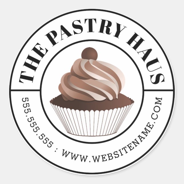 Elegant Mocha Cupcake Curved Text Classic Round Sticker (Front)