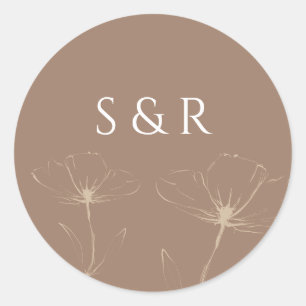 Elegant Mocha Floral Line Art Monogram Round Classic Round Sticker