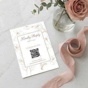 Elegant Mocha Floral Line Art QR Code Wedding RSVP Card