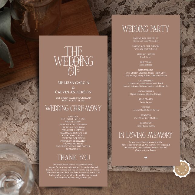 Elegant Mocha Mousse Typography Wedding Program Programme (Elegant Mocha Mousse Typography Modern Romantic Wedding Program Card)