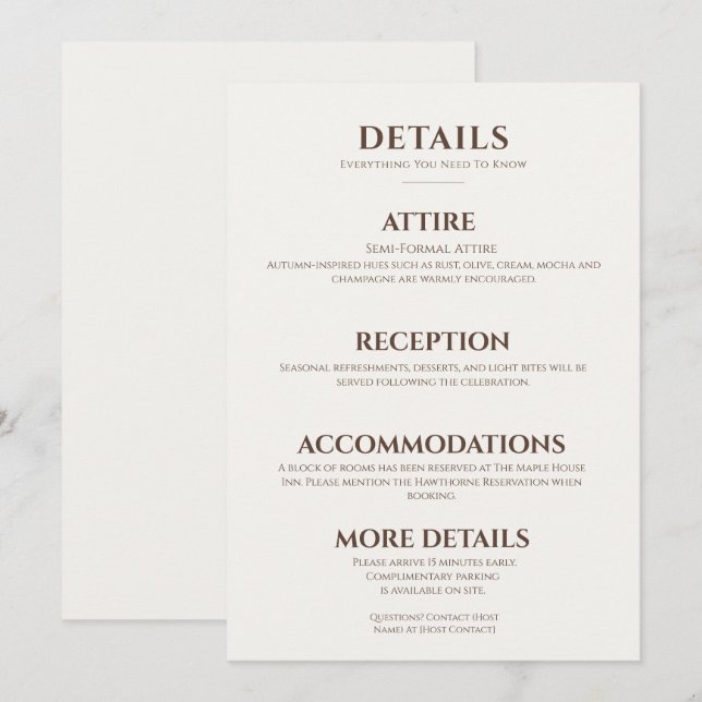 Elegant Mocha Timeless Modern Wedding Details Card (Front/Back)